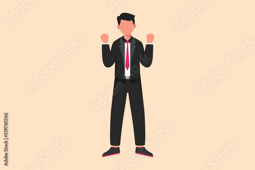 Business flat drawing happy businessman standing with both hands and yes gesture. Cheerful office worker celebrate success achievement of company business project. Cartoon design vector illustration