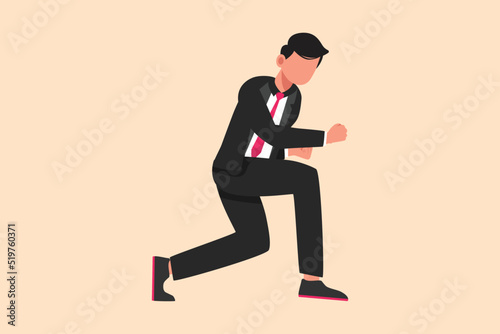 Business flat cartoon style drawing happy businessman bow with yes gesture. Office worker celebrate success of company project. Successful victory achievement. Graphic draw design vector illustration