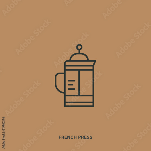 French press linear icon on brown background. Hot beverage pictogram