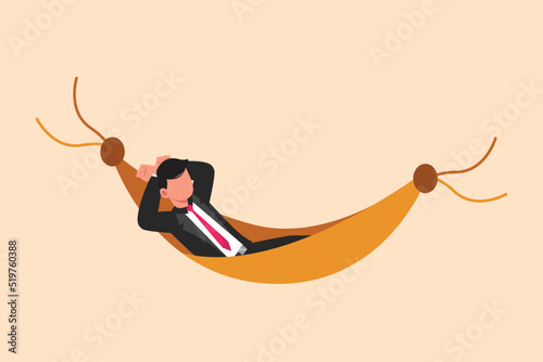 Business flat cartoon style drawing young businessman is lying in hammock and dreaming about big money. Comfort, vacation, and recreation. Achieve financial freedom. Graphic design vector illustration