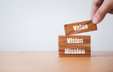 Mission Vision and Mission print screen on wooden block for company business statement concept.