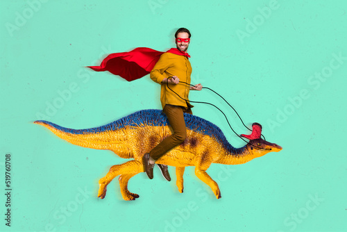 Stampa su tela Composite collage picture of excited guy wear red mantle riding dinosaur isolate