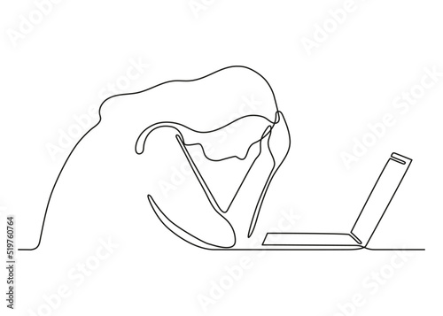Tired person woman work on laptop, problem mental health, continuous one art line drawing. Burnout, stress. Low energy from fatigue, exhausted. Girl holds his head from failure, trouble. Vector