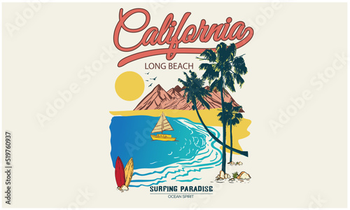 Summer good vibes print design for posters, stickers, background and others. Outdoor illustration. Palm tree and mountain with beach artwork.