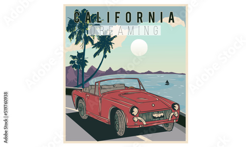 California beach road trip print design for posters, stickers, background and others. Outdoor illustration. Palm tree and car vector artwork.