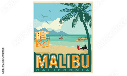 Malibu beach print design for posters, stickers, background and others. Outdoor illustration. Palm tree and lifeguard tower vector artwork.