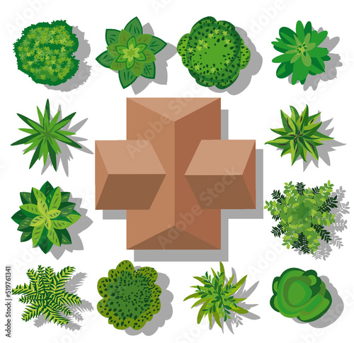 Top view of the city. Urban street with houses trees