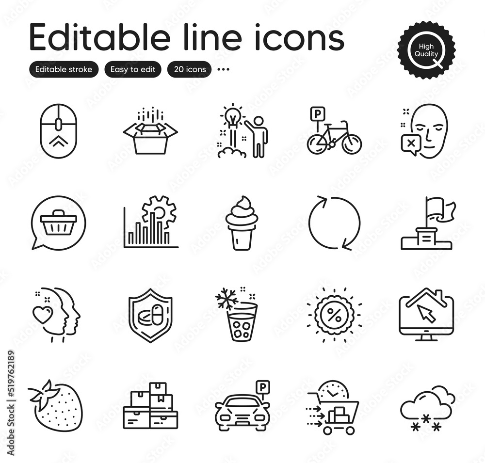 Set of Business outline icons. Contains icons as Discount, Creative idea and Seo graph elements. Packing boxes, Swipe up, Medical tablet web signs. Parking, Strawberry, Shopping cart elements. Vector Set of Business outline icons. Contains icons as Discount, Creative idea and Seo graph elements. Packing boxes, Swipe up, Medical tablet web signs. Parking, Strawberry, Shopping cart elements. Vector