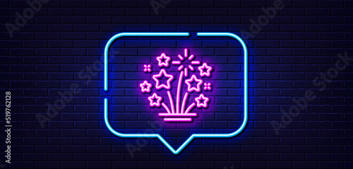 Neon light speech bubble. Fireworks stars line icon. Pyrotechnic salute sign. Carnival celebration lights symbol. Neon light background. Fireworks stars glow line. Brick wall banner. Vector