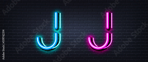 Initial letter J icon. Neon light line effect. Line typography character sign. Large first font letter. Glowing neon light element. Letter J glow 3d line. Brick wall banner. Vector