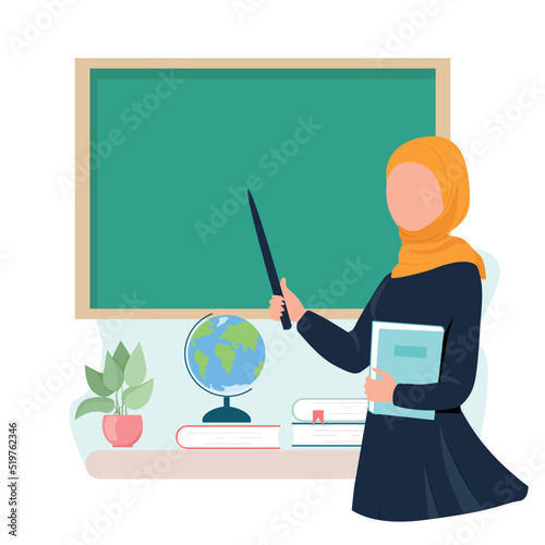 Muslim teacher near blackboard. Back to school illustration