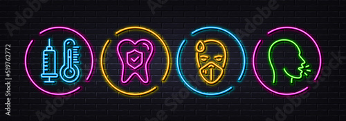 Thermometer, Sick man and Dental insurance minimal line icons. Neon laser 3d lights. Cough icons. For web, application, printing. Vaccine syringe, Epidemic protection, Oral medicine. Vector