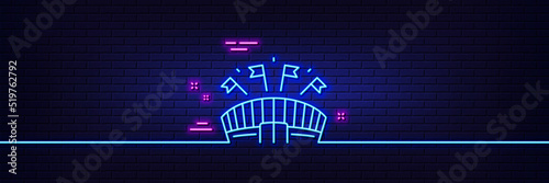 Neon light glow effect. Sports arena line icon. Stadium with flags sign. Sport complex symbol. 3d line neon glow icon. Brick wall banner. Sports arena outline. Vector
