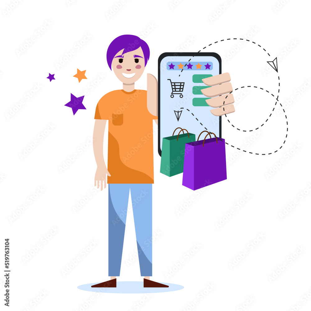 Flat style illustration with a young smiling man who holds a mobile phone. A young smiling man does online shopping. 