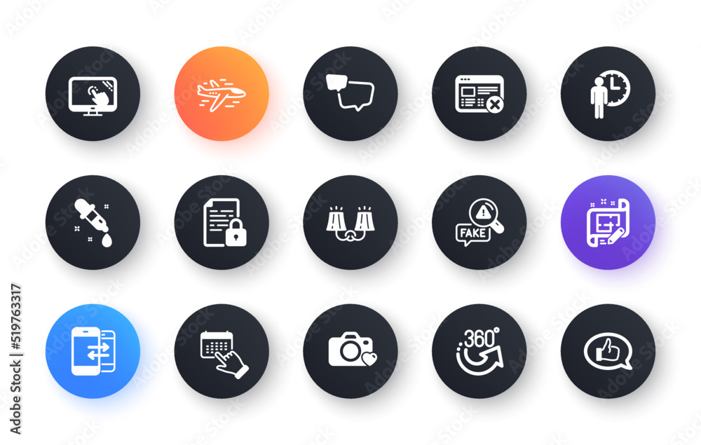 Minimal set of 360 degrees, Waiting and Sconce light flat icons for web development. Speech bubble, Airplane, Fake news icons. Lock, Architect plan, Phone communication web elements. Vector Minimal set of 360 degrees, Waiting and Sconce light flat icons for web development. Speech bubble, Airplane, Fake news icons. Lock, Architect plan, Phone communication web elements. Vector
