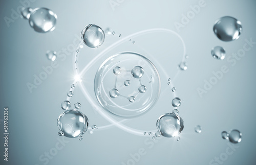 cosmetic moisturizer water molecule, Cosmetic Essence, Liquid bubble, Molecule inside Liquid Bubble on water background