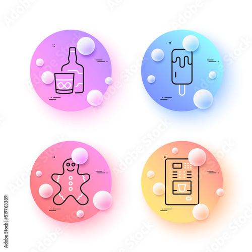 Coffee vending, Whiskey glass and Gingerbread man minimal line icons. 3d spheres or balls buttons. Ice cream icons. For web, application, printing. Vector