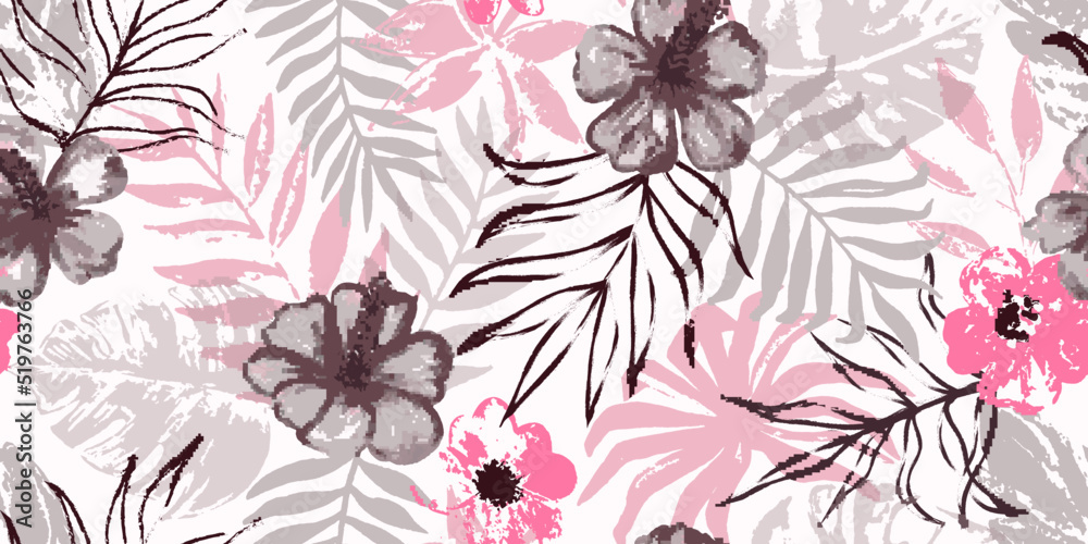 Modern seamless pattern with exotic leaves and flowers.Abstract background with tropical plants for textiles, covers, wallpapers, fabric, promotional material and more. Vector illustration.