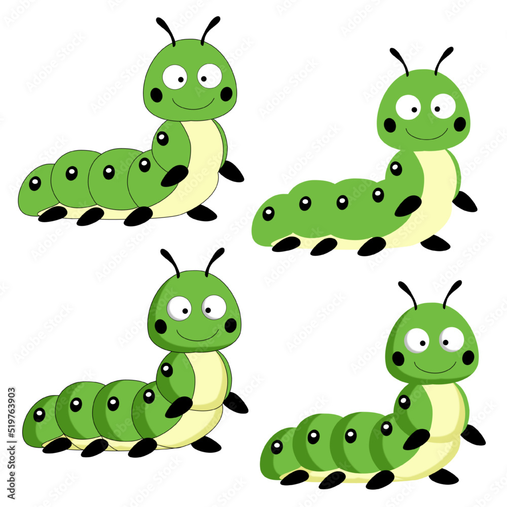 Fototapeta premium Vector green caterpillar stands with cartoon eyes smiling on a white background flat with shadows with a stroke