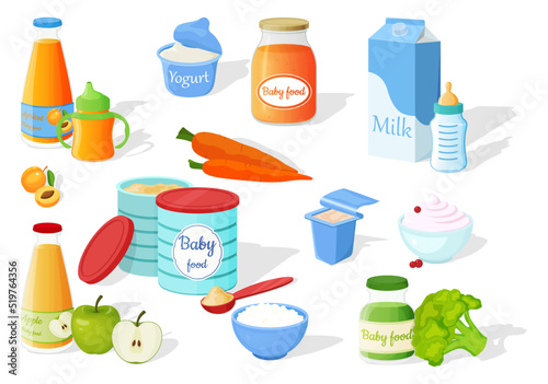 A set of baby food. Powdered milk mixture in a tin, milk, yogurt, apricot and applesauce, cottage cheese and apple juice.Vector illustration.