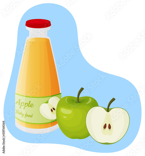 Baby food apple juice.A glass bottle with juice for children, and apples lying nearby.Vector illustration.