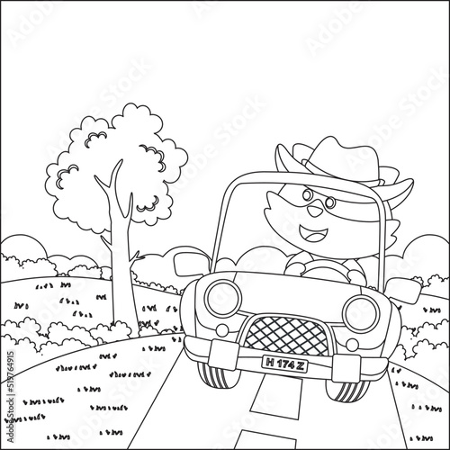 Cute little fox cartoon having fun driving off road car on sunny day. Cartoon isolated vector illustration, Creative vector Childish design for kids activity colouring book or page.