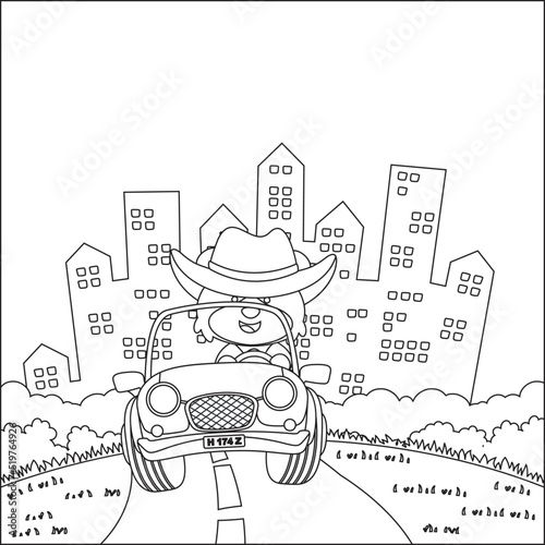 Cute little fox cartoon having fun driving off road car on sunny day. Cartoon isolated vector illustration, Creative vector Childish design for kids activity colouring book or page.