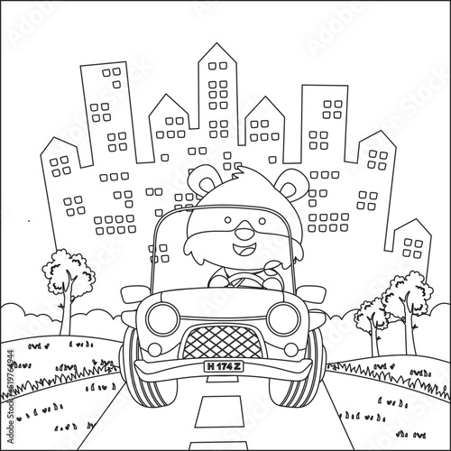 Cute little fox cartoon having fun driving off road car on sunny day. Cartoon isolated vector illustration, Creative vector Childish design for kids activity colouring book or page.