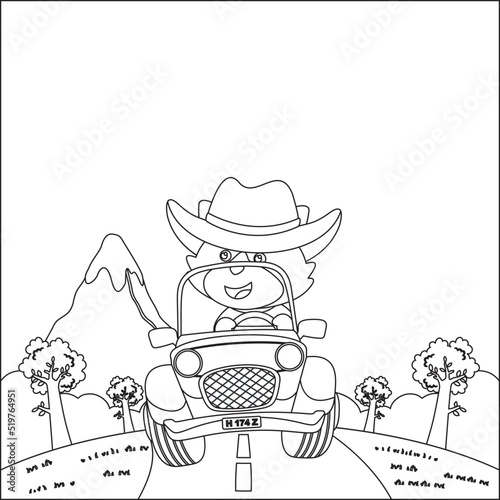 Cute little fox cartoon having fun driving off road car on sunny day. Cartoon isolated vector illustration, Creative vector Childish design for kids activity colouring book or page.