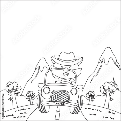 Cute little fox cartoon having fun driving off road car on sunny day. Cartoon isolated vector illustration, Creative vector Childish design for kids activity colouring book or page.