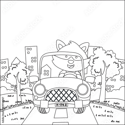 Cute little fox cartoon having fun driving off road car on sunny day. Cartoon isolated vector illustration, Creative vector Childish design for kids activity colouring book or page.