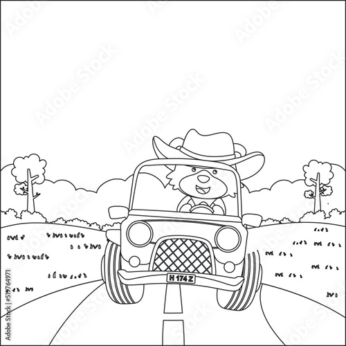 Cute little fox cartoon having fun driving off road car on sunny day. Cartoon isolated vector illustration, Creative vector Childish design for kids activity colouring book or page.