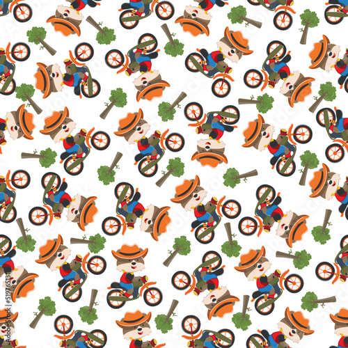 Seamless pattern of cute little fox ride a motorcycle, Can be used for t-shirt print, kids wear fashion design, invitation card. fabric, textile, nursery wallpaper, poster and other decoration. © Hijaznahwani