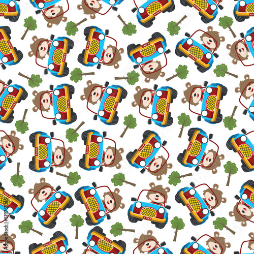 Seamless pattern vector of Cute fox cartoon having fun driving off road car go to forest. Creative vector childish background for fabric textile, nursery wallpaper, poster. and other decoration.