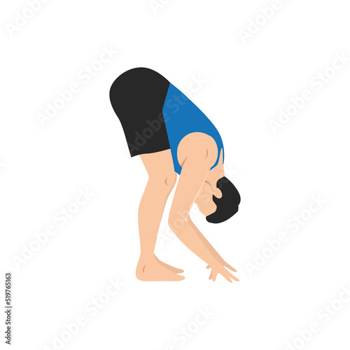 Man doing standing forward bend pose uttanasana exercise. Flat vector illustration isolated on white background photo