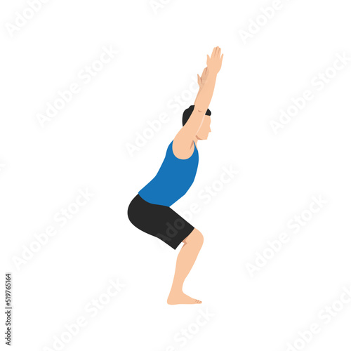 Man doing Chair pose exercise. Flat vector illustration isolated on white background