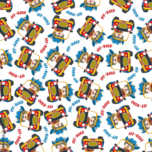 Seamless pattern vector of Cute fox cartoon having fun driving off road car go to forest. Creative vector childish background for fabric textile, nursery wallpaper, poster. and other decoration.