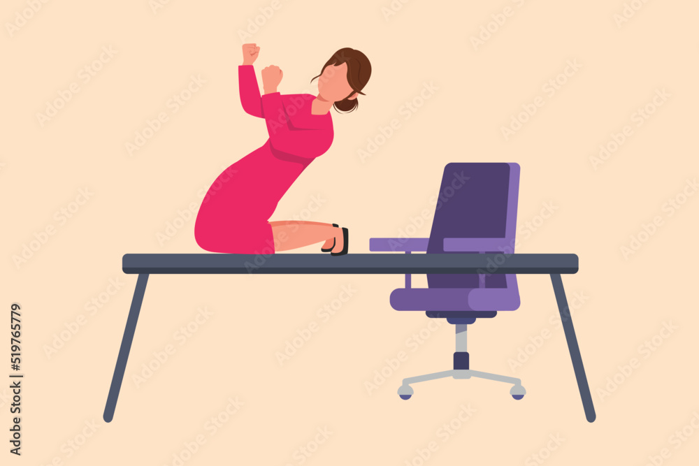 Fototapeta premium Business flat drawing happy businesswoman kneeling with celebrating goal pose on table desk. Beautiful office worker celebrate success of company financial project. Cartoon design vector illustration