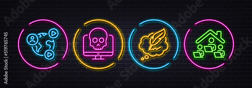 Video conference, Cyber attack and Copyright chat minimal line icons. Neon laser 3d lights. Work home icons. For web, application, printing. Web training, Computer malware, Speech bubble. Vector