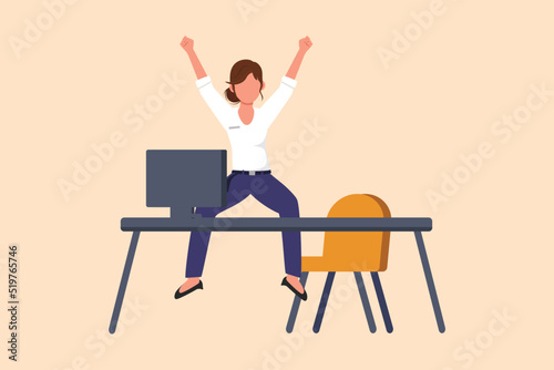 Business design drawing happy businesswoman jumping with raised hands near desk workplace. Cute manager celebrating success of increasing company product sales. Flat cartoon style vector illustration