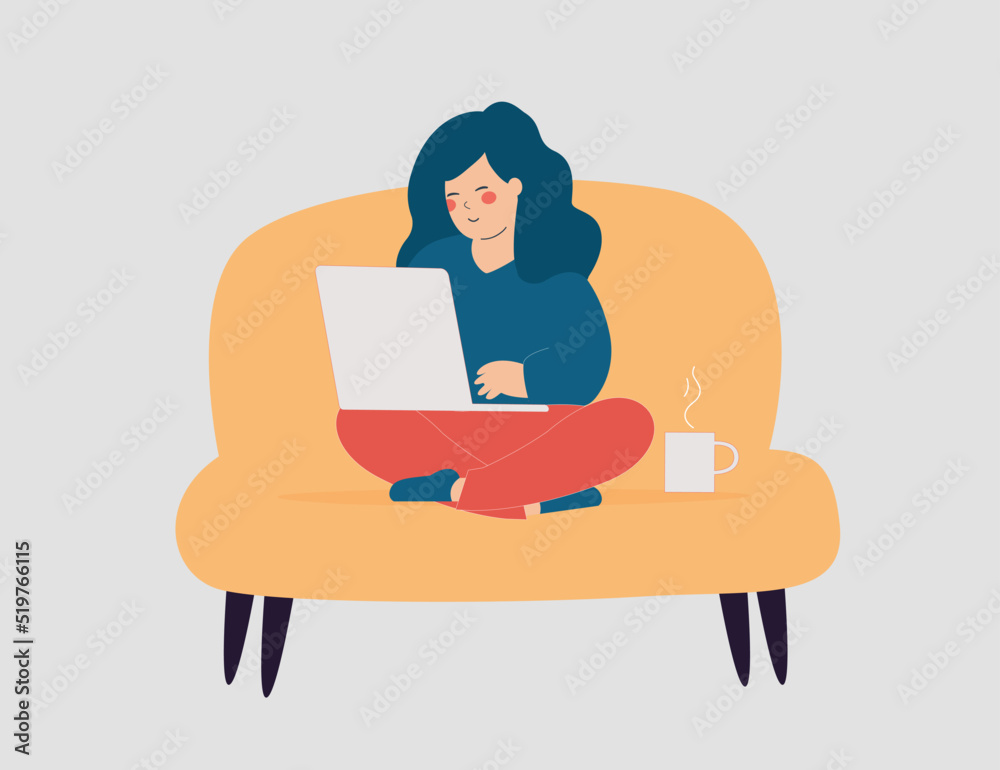 Self employed woman working at the laptop while drinking her coffee at home. Businesswoman sitting on the couch and using her computer to run her business online. Vector illustration Self employed woman working at the laptop while drinking her coffee at home. Businesswoman sitting on the couch and using her computer to run her business online. Vector illustration