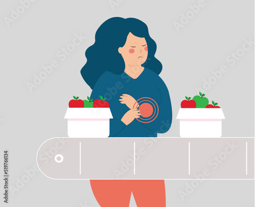Woman has pain in hand due to hard work. Female worker packers suffers from an injury on her wrist at the Fruit Packing Factory. Concept of health and safety conditions in the workplace. Vector stock.