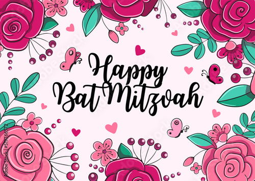 Happy Bat Mitzvah invitation or congratulation card. Holiday for a Jewish girl. Vector illustration photo