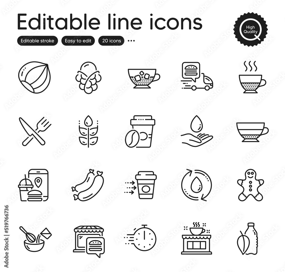 Set of Food and drink outline icons. Contains icons as Water bottle, Doppio and Coffee delivery elements. Americano, Ice cream, Cold coffee web signs. Gluten free, Food delivery. Vector