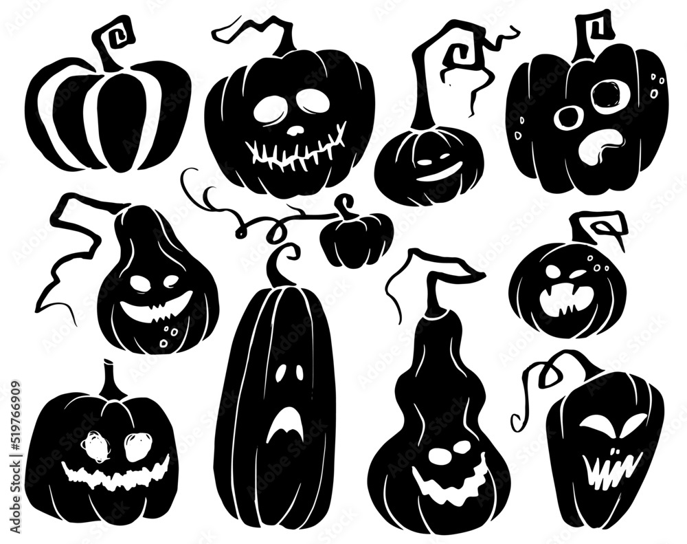 Halloween scary and funny pumpkin silhouettes. Fun hand drawn vector  collection for textiles, banners, wallpapers, wrapping design. Stock Vector  | Adobe Stock