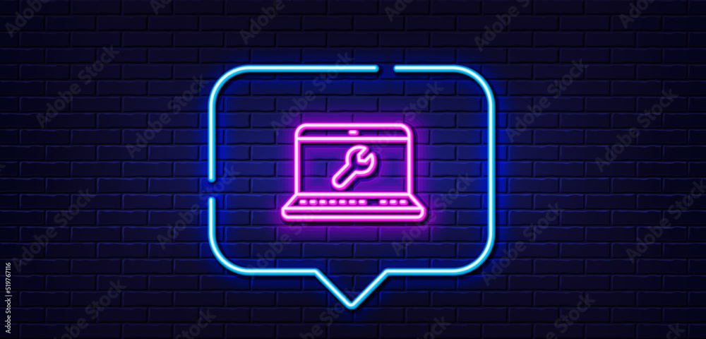 Neon light speech bubble. Spanner tool line icon. Laptop repair service sign. Fix instruments symbol. Neon light background. Laptop repair glow line. Brick wall banner. Vector