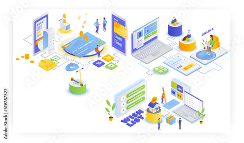 Online shopping credit card payment, wish list, ecommerce, mobile banking, internet store, vector isometric illustration