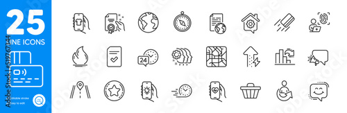 Outline icons set. Internet document, Megaphone and Work home icons. Card, Decreasing graph, World planet web elements. Fast delivery, Road, Energy growing signs. Shop cart, 24h service. Vector