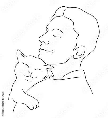 Line art vector illustration of person cuddling cat. Man hugging a cat and smiling. Pets friendly concept