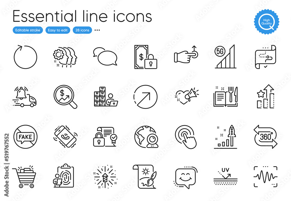 Security contract, Uv protection and Fake news line icons. Collection of Video conference, Fireworks explosion, Development plan icons. Voice wave, Click, 5g wifi web elements. Vector